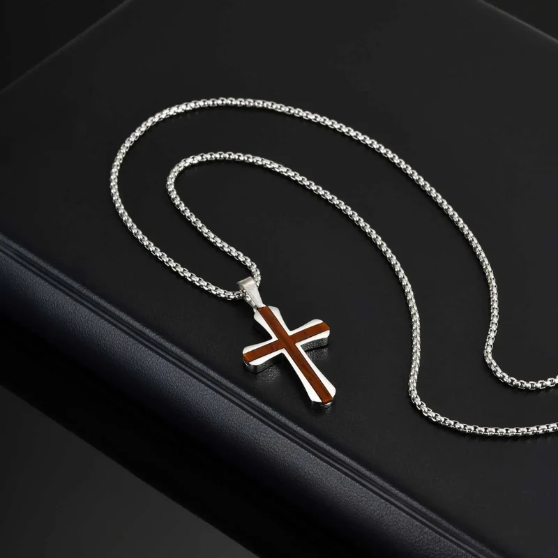 Collier Croix Acier et Bois Homme