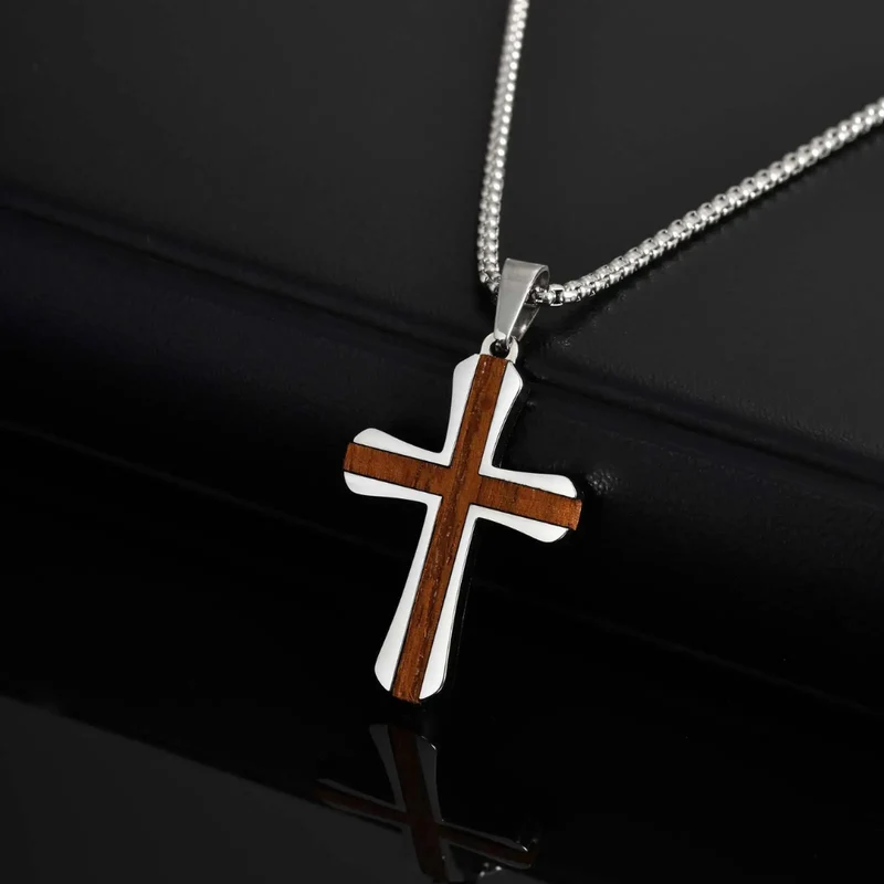 Collier Croix Acier et Bois Homme