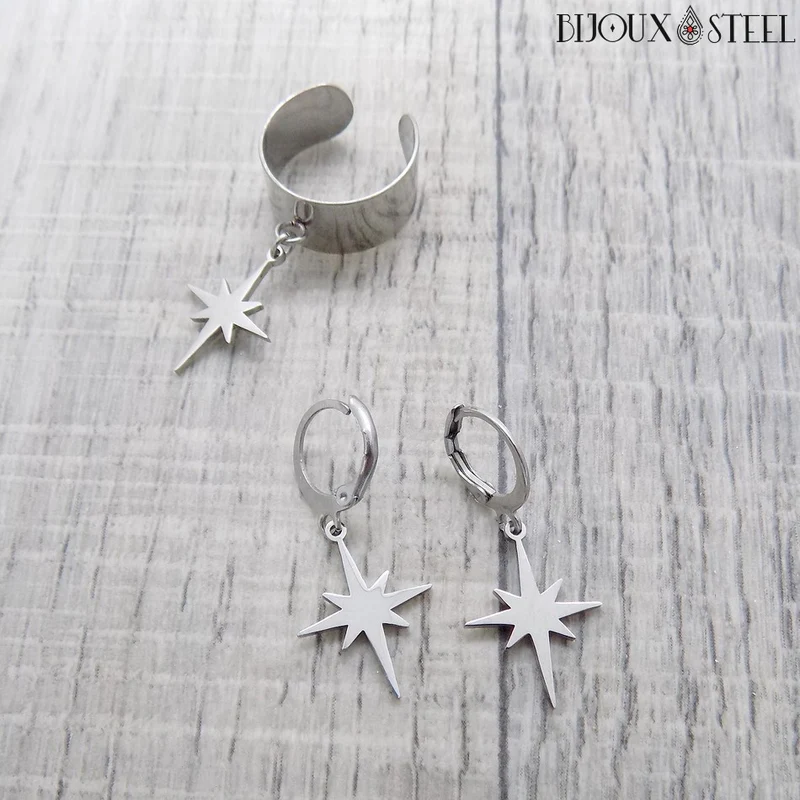 Boucles d'oreilles créoles à pendentif étoile du nord en acier inoxydable