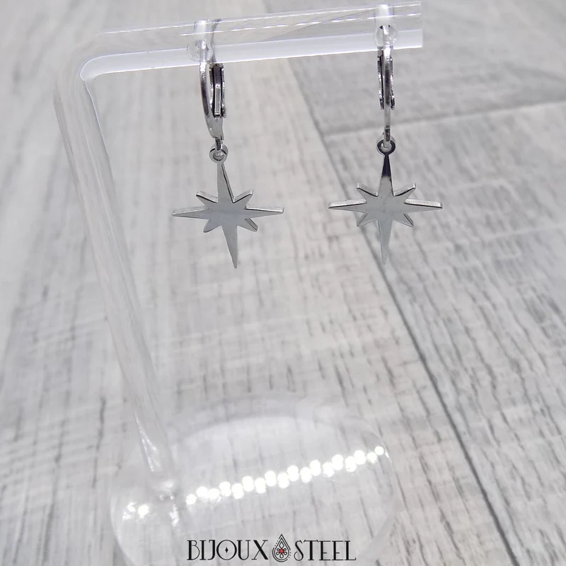 Boucles d'oreilles créoles à pendentif étoile du nord en acier inoxydable