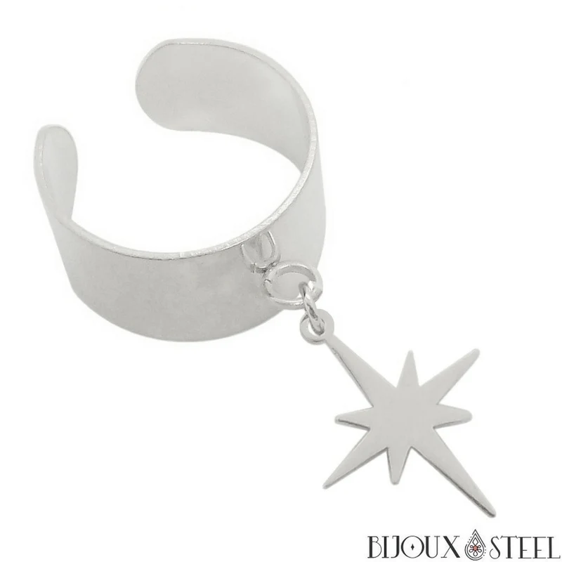 Bague large ajustable à pendentif étoile du nord en acier inoxydable