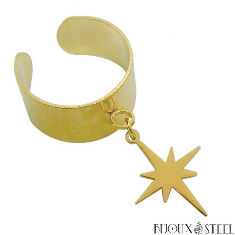 Bague large ajustable à pendentif étoile du nord en acier inoxydable