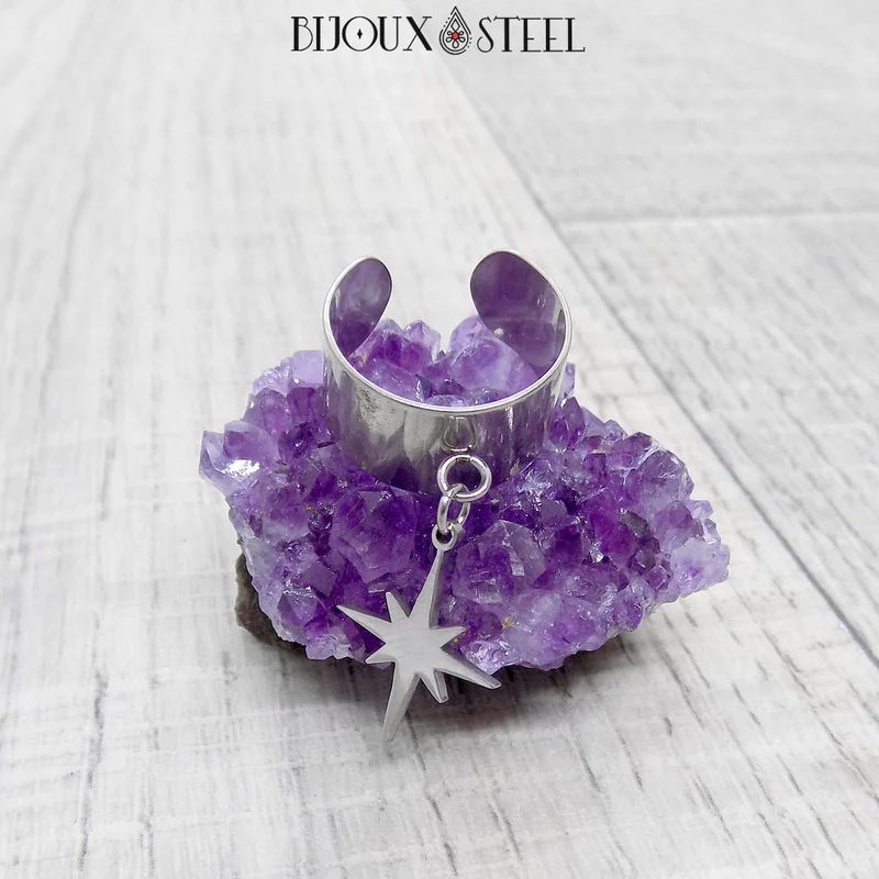 Bague large ajustable à pendentif étoile du nord en acier inoxydable