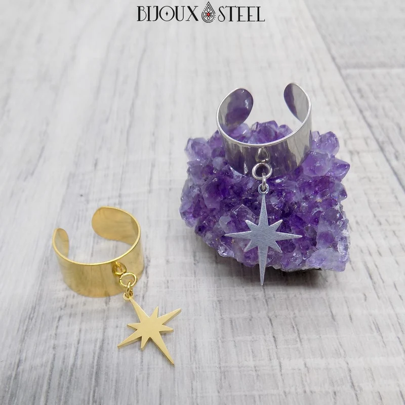 Bague large ajustable à pendentif étoile du nord en acier inoxydable
