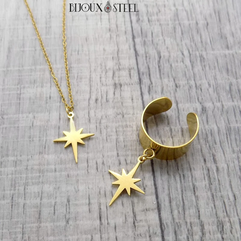 Bague large ajustable à pendentif étoile du nord en acier inoxydable