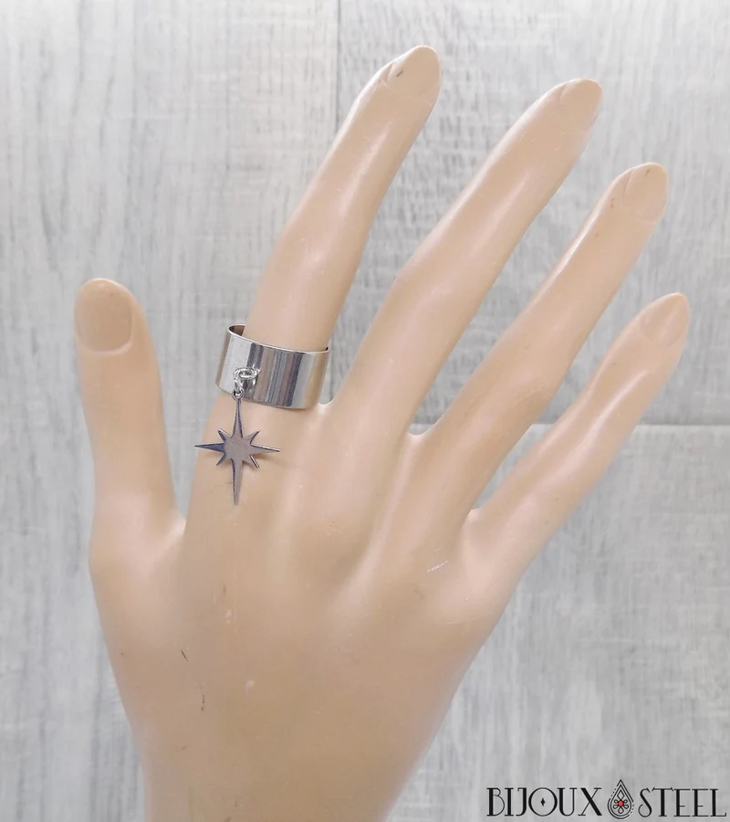 Bague large ajustable à pendentif étoile du nord en acier inoxydable