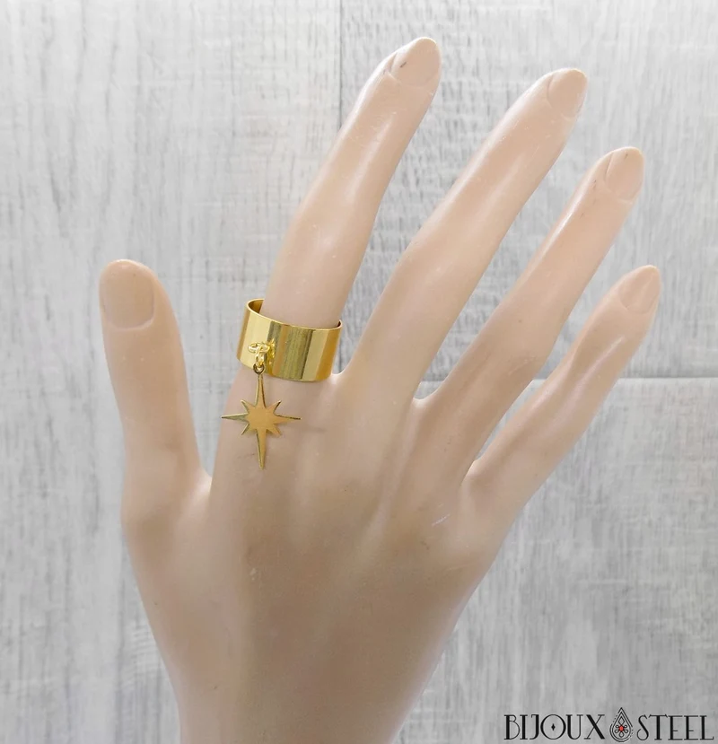 Bague large ajustable à pendentif étoile du nord en acier inoxydable