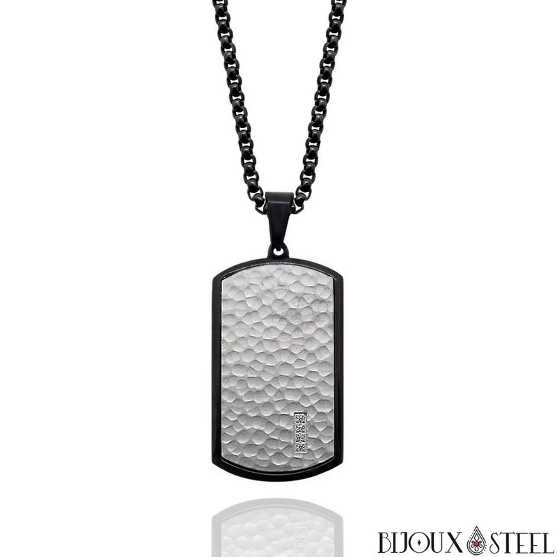 Collier plaque noire à motif peau argentée en acier inoxydable