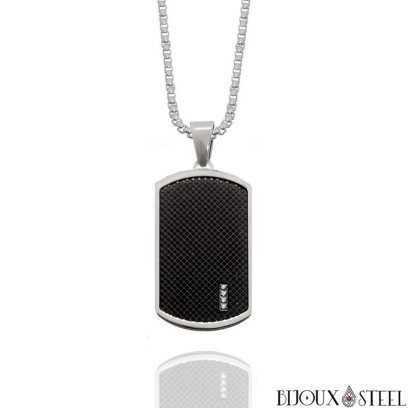 Collier plaque noire et argentée à strass et acier inoxydable