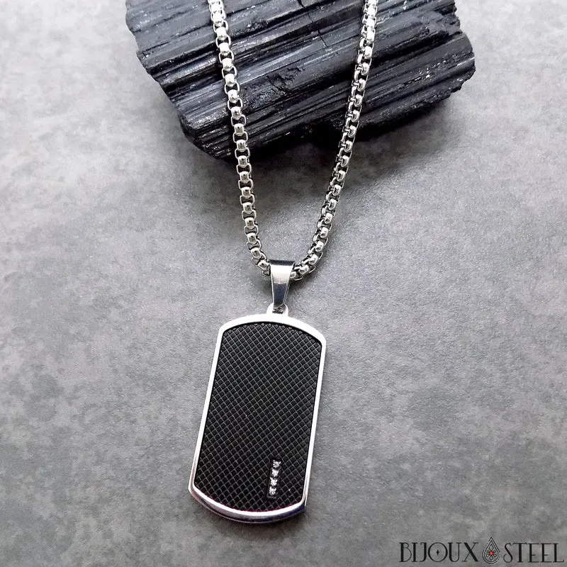 Collier plaque noire et argentée à strass et acier inoxydable