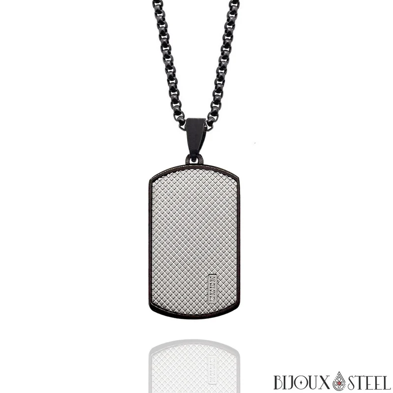 Collier plaque argentée et noire à strass et acier inoxydable
