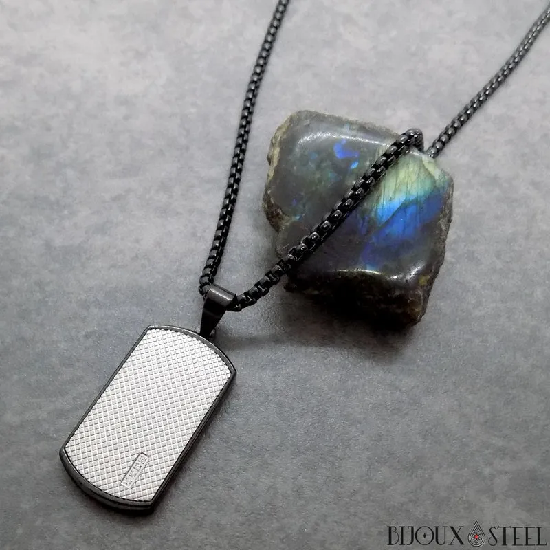 Collier plaque argentée et noire à strass et acier inoxydable