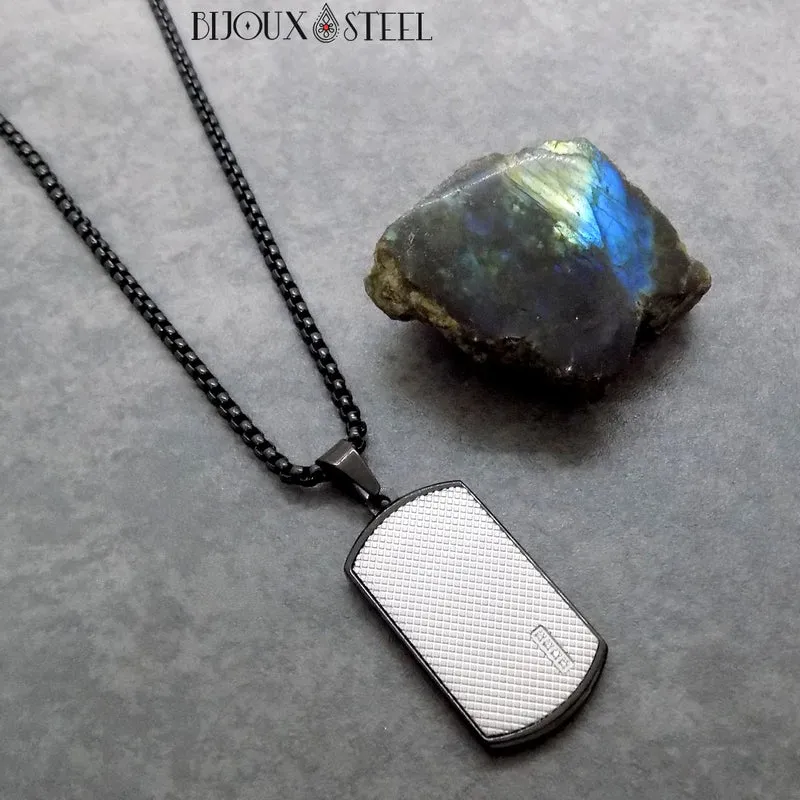 Collier plaque argentée et noire à strass et acier inoxydable