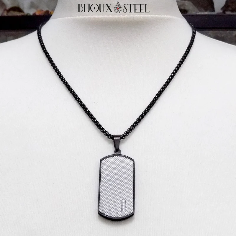 Collier plaque argentée et noire à strass et acier inoxydable