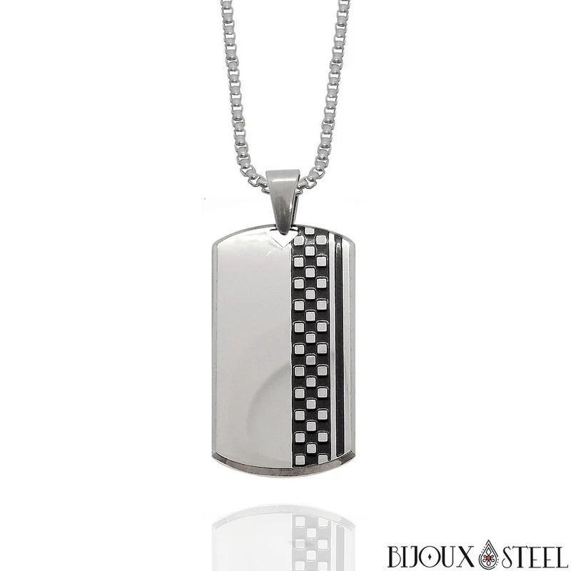 Collier à pendentif plaque argentée et damier et acier inoxydable