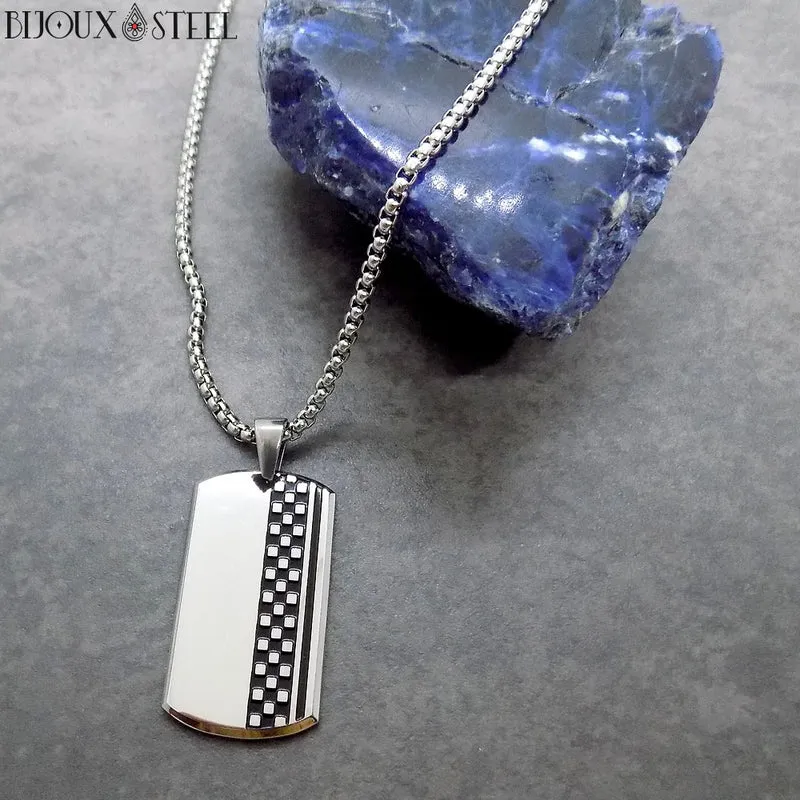 Collier à pendentif plaque argentée et damier et acier inoxydable
