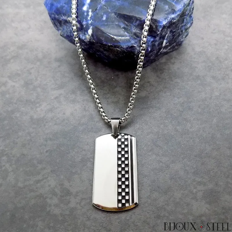 Collier à pendentif plaque argentée et damier et acier inoxydable