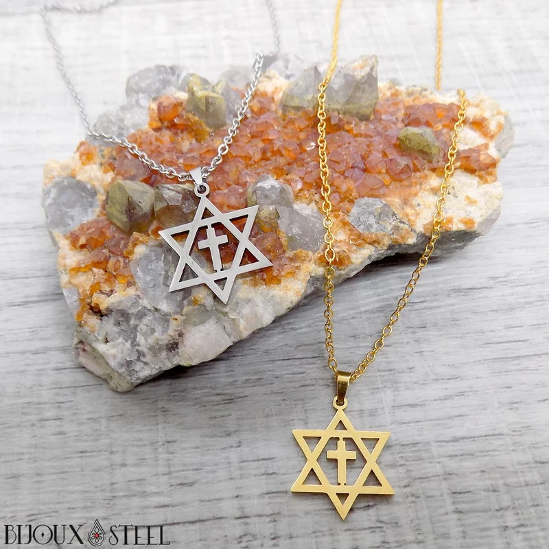 Collier à pendentif croix messianique en acier inoxydable