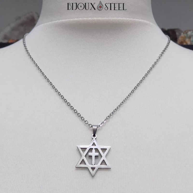 Collier à pendentif croix messianique en acier inoxydable