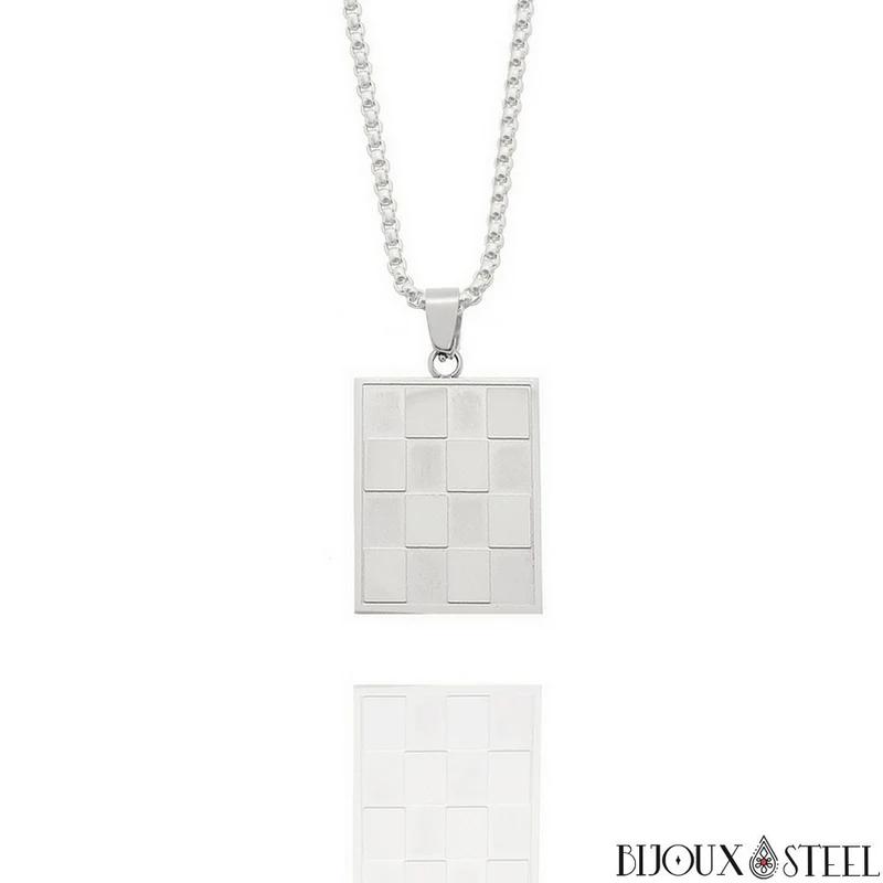 Collier à pendentif damier homme en acier inoxydable