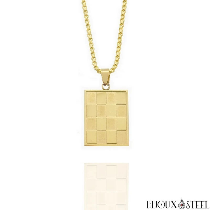 Collier à pendentif damier homme en acier inoxydable