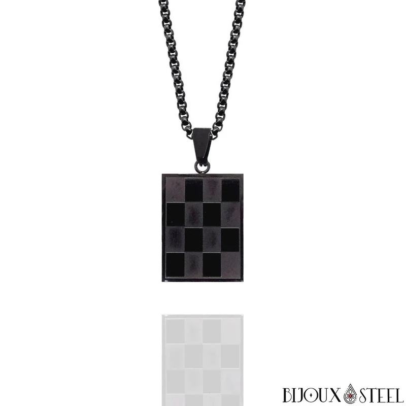 Collier à pendentif damier homme en acier inoxydable