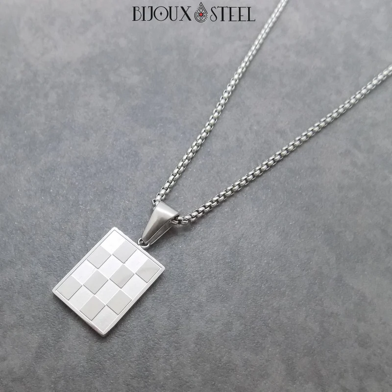 Collier à pendentif damier homme en acier inoxydable