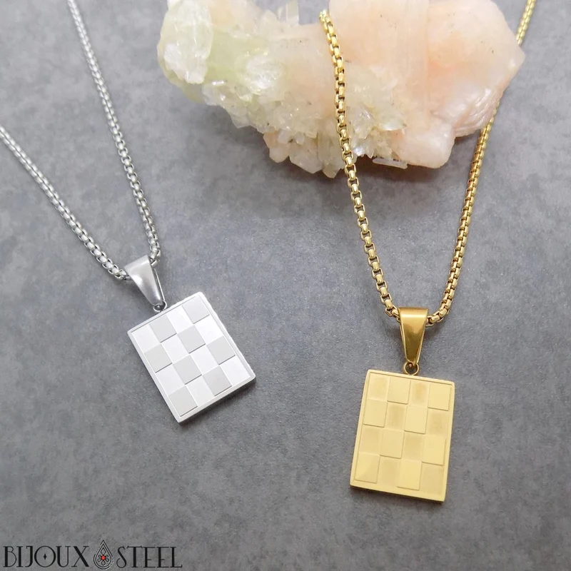 Collier à pendentif damier homme en acier inoxydable