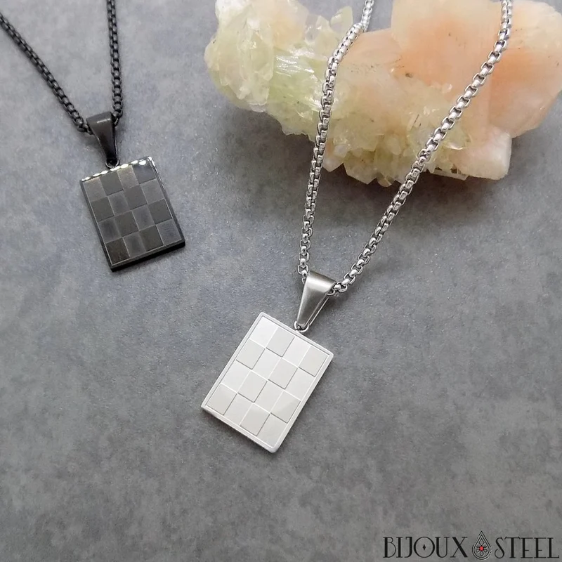 Collier à pendentif damier homme en acier inoxydable