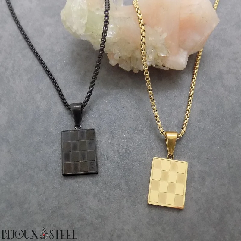 Collier à pendentif damier homme en acier inoxydable