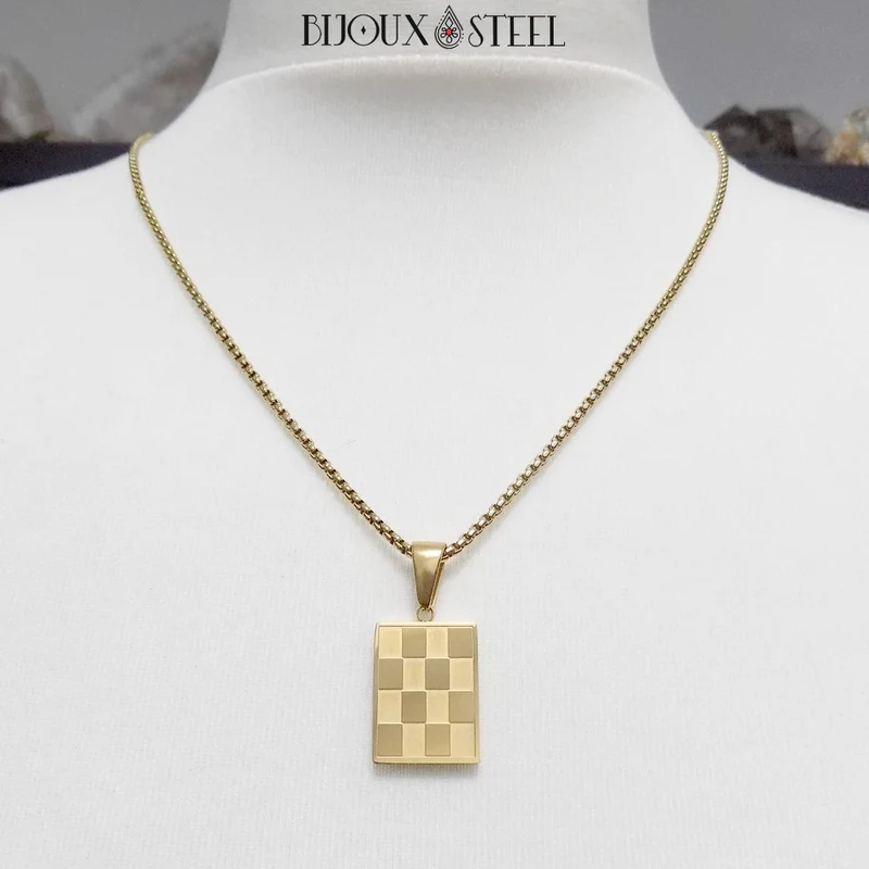 Collier à pendentif damier homme en acier inoxydable