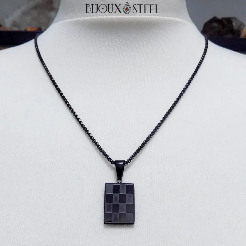 Collier à pendentif damier homme en acier inoxydable