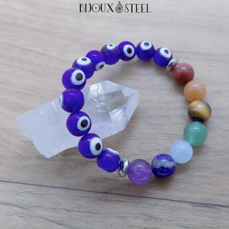 Bracelet mauvais oeil et 7 chakras 10mm