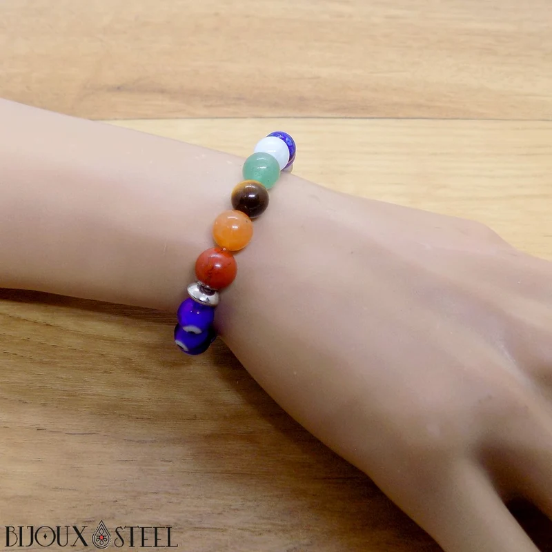Bracelet 7 chakras et mauvais oeil 8mm