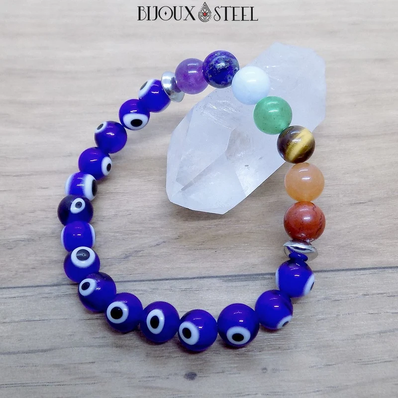 Bracelet 7 chakras et mauvais oeil 8mm