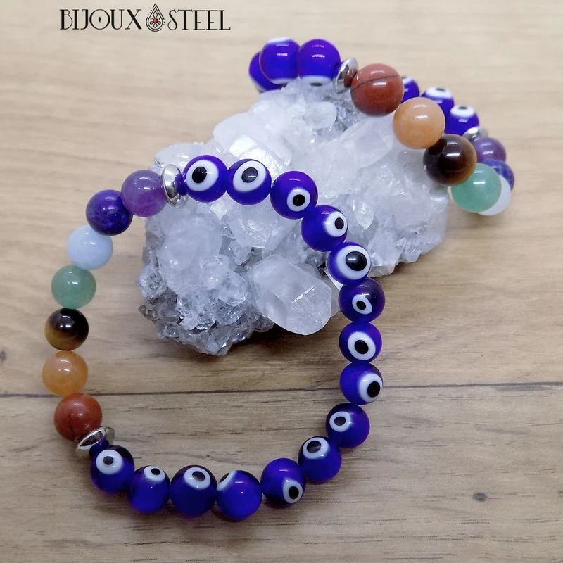 Bracelet 7 chakras et mauvais oeil 8mm