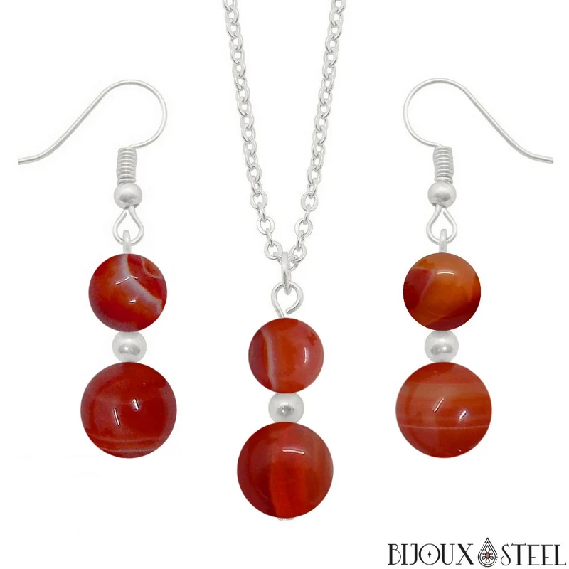 Parure agate rouge en pierre naturelle et acier inoxydable