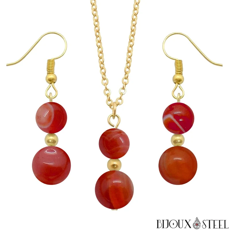 Parure agate rouge en pierre naturelle et acier inoxydable