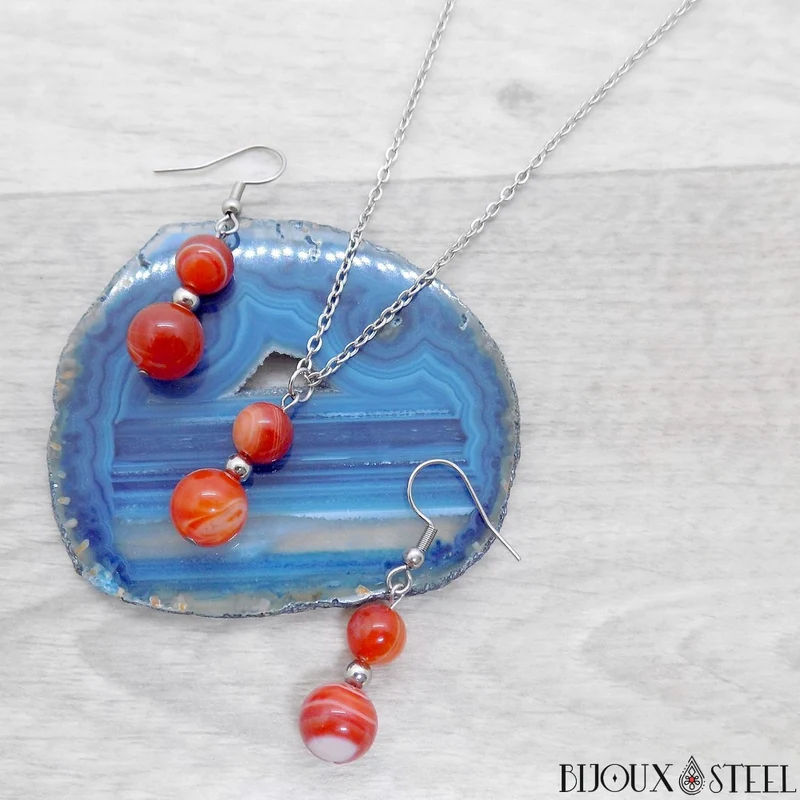 Parure agate rouge en pierre naturelle et acier inoxydable