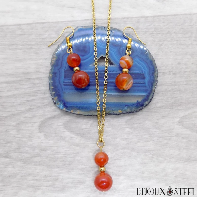 Parure agate rouge en pierre naturelle et acier inoxydable