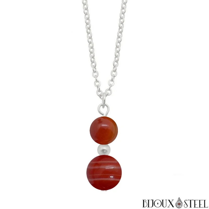Collier à pendentif deux perles en pierre d'agate rouge