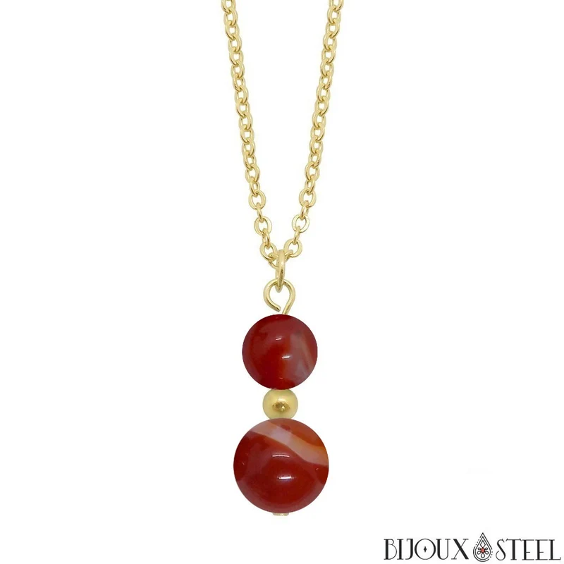 Collier à pendentif deux perles en pierre d'agate rouge