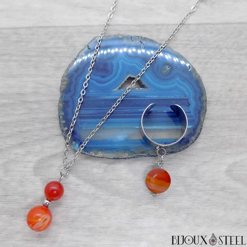 Collier à pendentif deux perles en pierre d'agate rouge