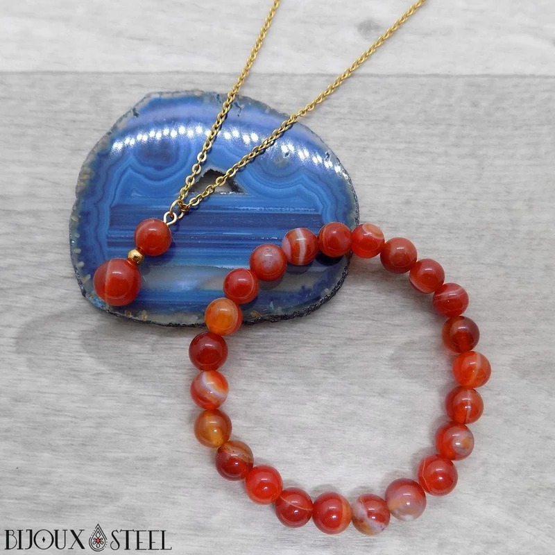Collier à pendentif deux perles en pierre d'agate rouge
