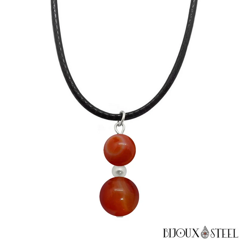 Collier à pendentif deux perles en pierre d'agate rouge