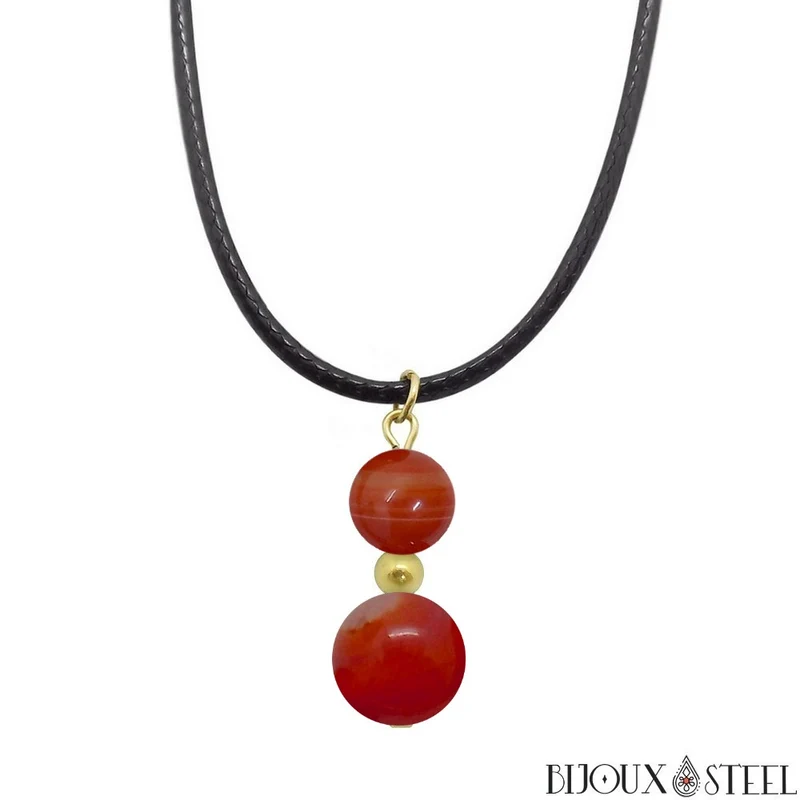 Collier à pendentif deux perles en pierre d'agate rouge