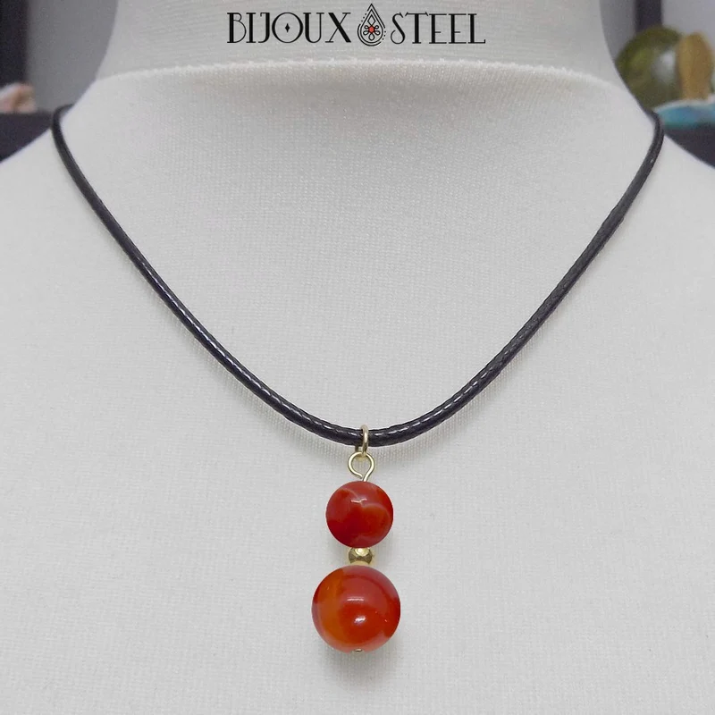 Collier à pendentif deux perles en pierre d'agate rouge
