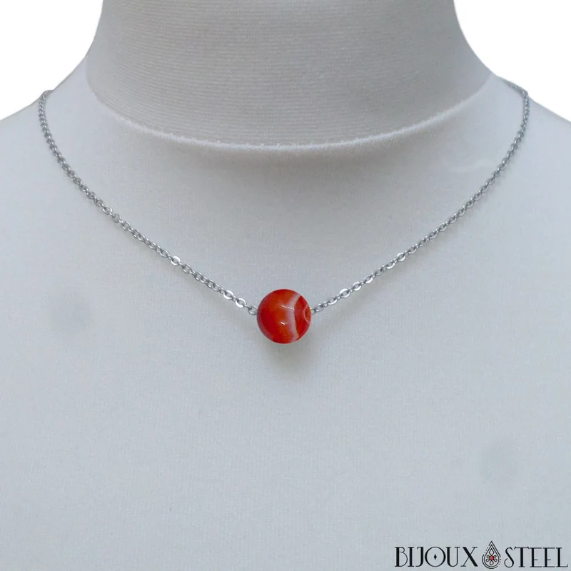 Collier à perle d'agate rouge en acier inoxydable