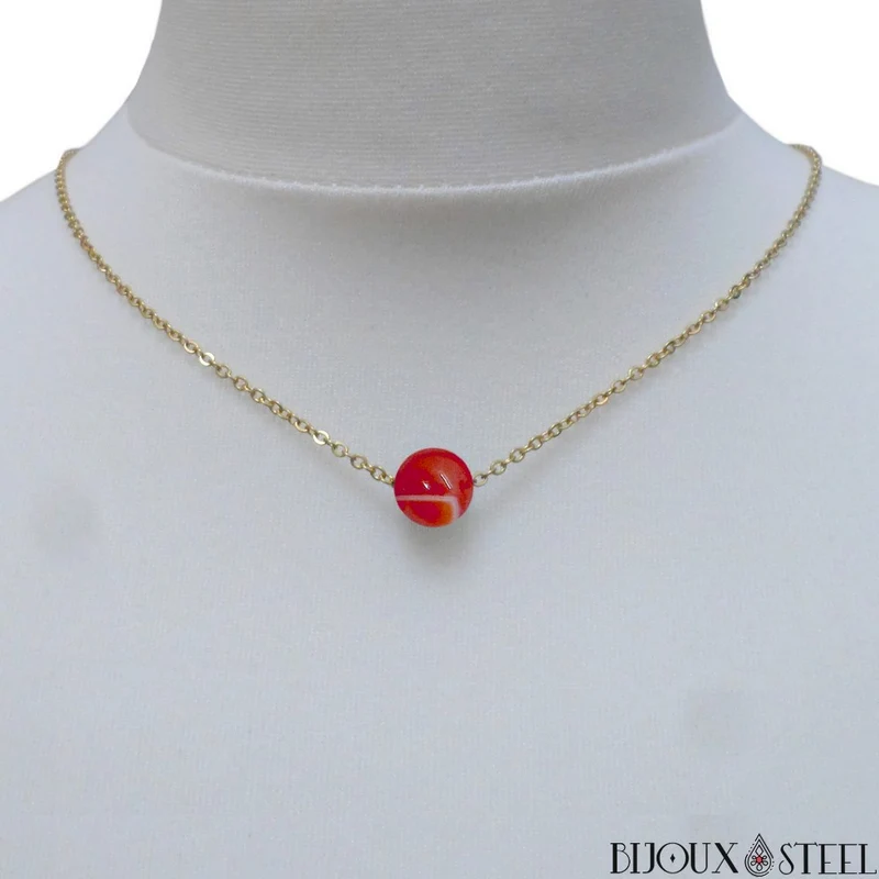 Collier à perle d'agate rouge en acier inoxydable