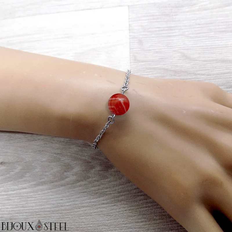 Bracelet à perle d'agate rouge en acier inoxydable